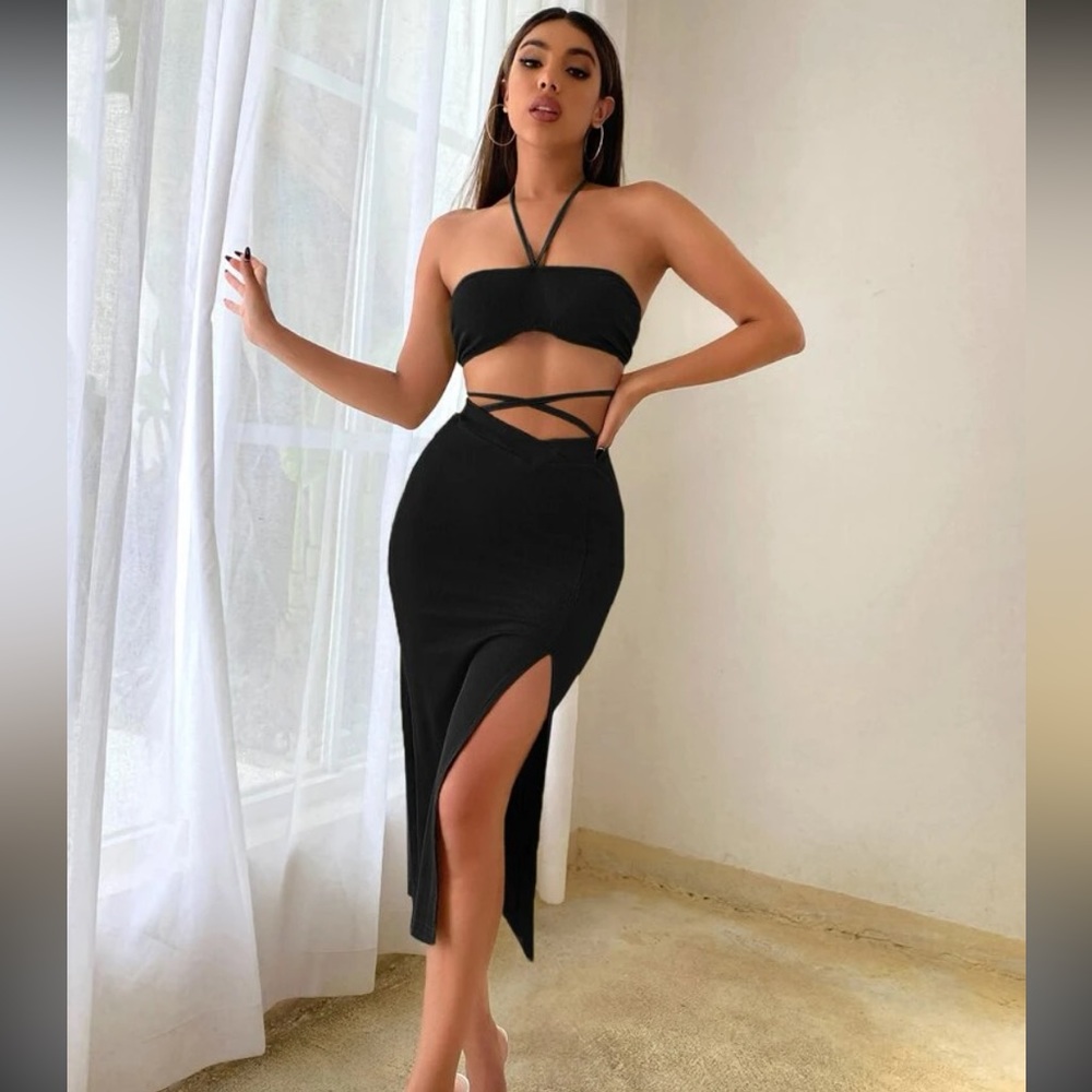Prive top halter top with open back with thigh skirt with openin